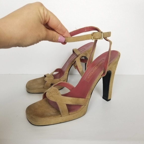 Sergio Rossi square toe sandal heels, tan suede, size 39.5 - Picture 2 of 8